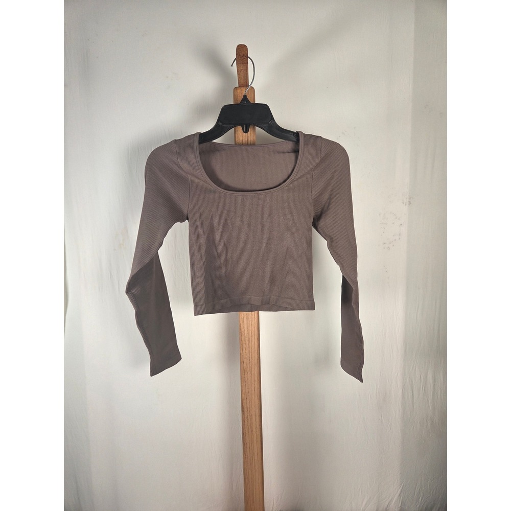 QQQ Women Brown Ribbed Long Sleeve Square Neck Crop Top Size S